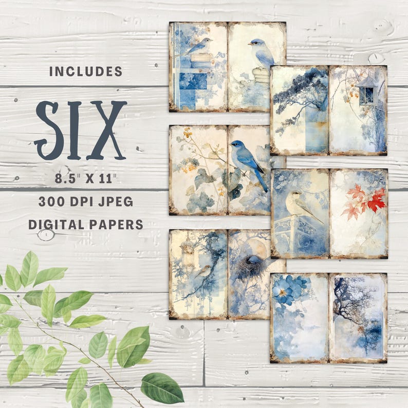 Snow Birds Junk Journal Pages 6 Digital Scrapbook Papers Printable Aged ...