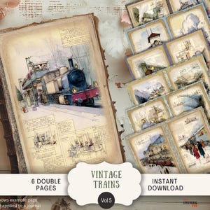 May include: A collection of printed paper pages featuring watercolor illustrations of steam trains, railway stations, and technical sketches. The pages have a sepia-toned, aged appearance with visible text and graphics labeled Vintage Trains Vol 5.