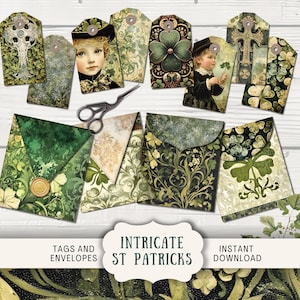 St Patricks Junk Journal Ephemera Tags et enveloppes 4 artisanat en papier imprimable numérique, étiquettes trèfle saint shamrock irlandais vintage lucky SPIP