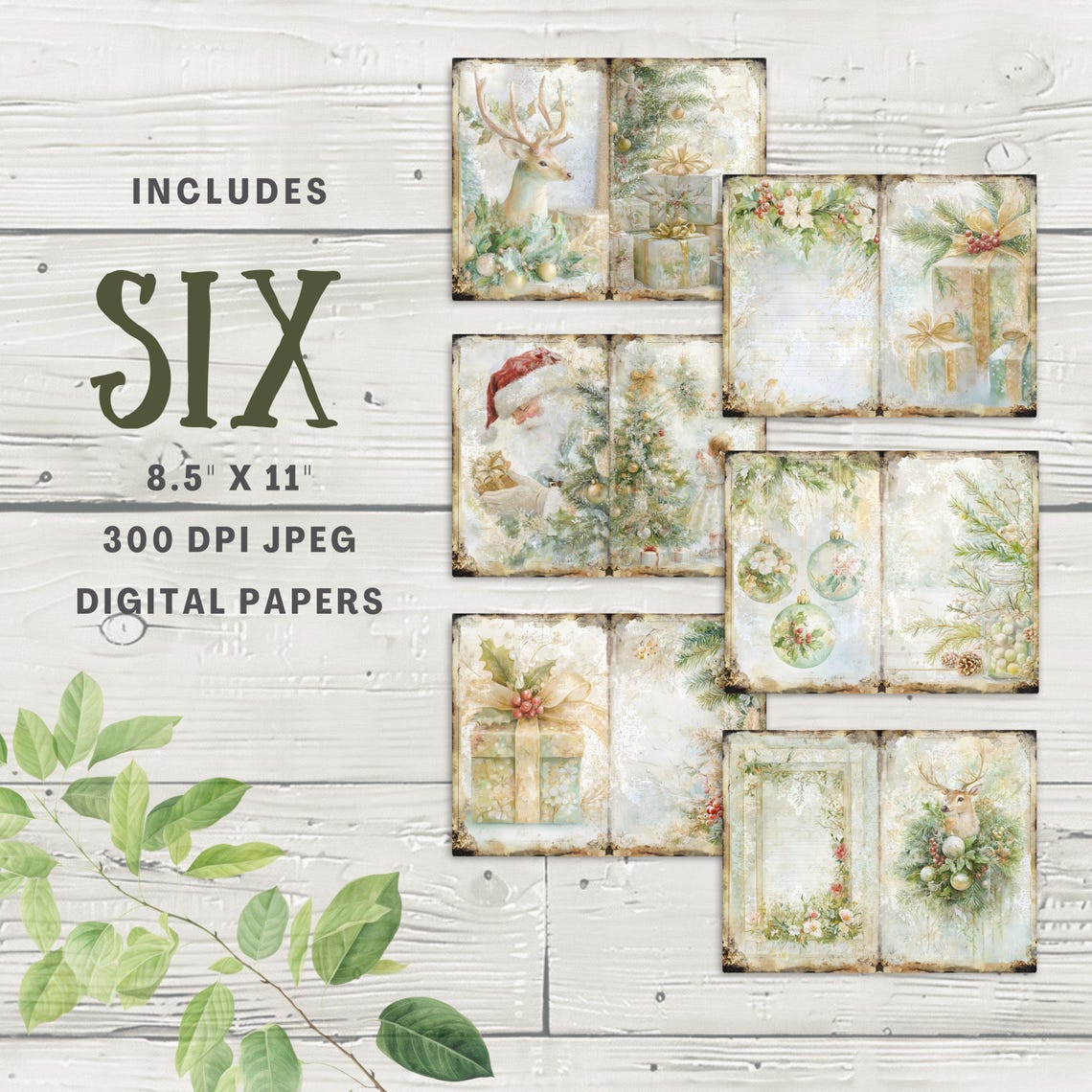 Sage Green Junk Journal Pages 6 Digital Scrapbook Papers 11 X 8.5" Art ...