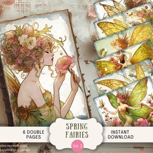 Lente Fairy Journal Pages 6 digitaal plakboek 11 x 8,5" kunst afdrukbare digitale lente bloemen bloem Fae Fairies dromerige art nouveau SPFR