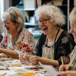 Op de afbeelding: Drie vrouwen zitten aan een tafel en werken aan een knutselproject. Ze zijn omringd door kleurrijke stoffenresten en andere materialen. De vrouw in het midden lacht en lijkt te genieten van de activiteit.