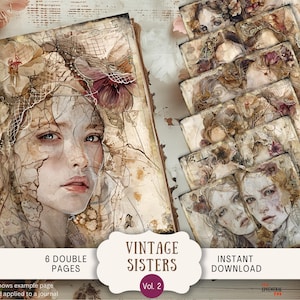 Vintage Two Sisters Junk Journal Pages, 6 digitale plakboekpagina's, 11 x 8,5" kunstafdrukbaar kunsttijdschrift, kortstondige, Victoriaanse zus neutrale TWOS