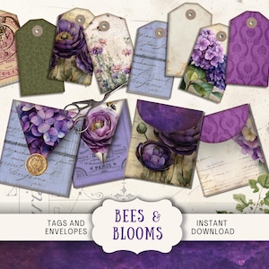 May include: A collection of vintage-style tags and envelopes with floral and botanical designs. The tags feature various patterns and colors, including purple flowers, green foliage, and aged paper textures. The phrase "Bees & Blooms" is displayed.