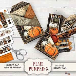 May include: A collection of fall-themed ephemera, including tags, envelopes, and decorative elements. The design features watercolor pumpkins, vintage patterns, and the text "Plaid Pumpkins". A pair of scissors is also present.
