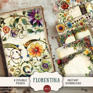 Florentina Junk Journal Pages 6 papéis de scrapbook digital 11 x 8,5" Art Printable Caligrafia colorida Iluminação scripts Venician FLTN