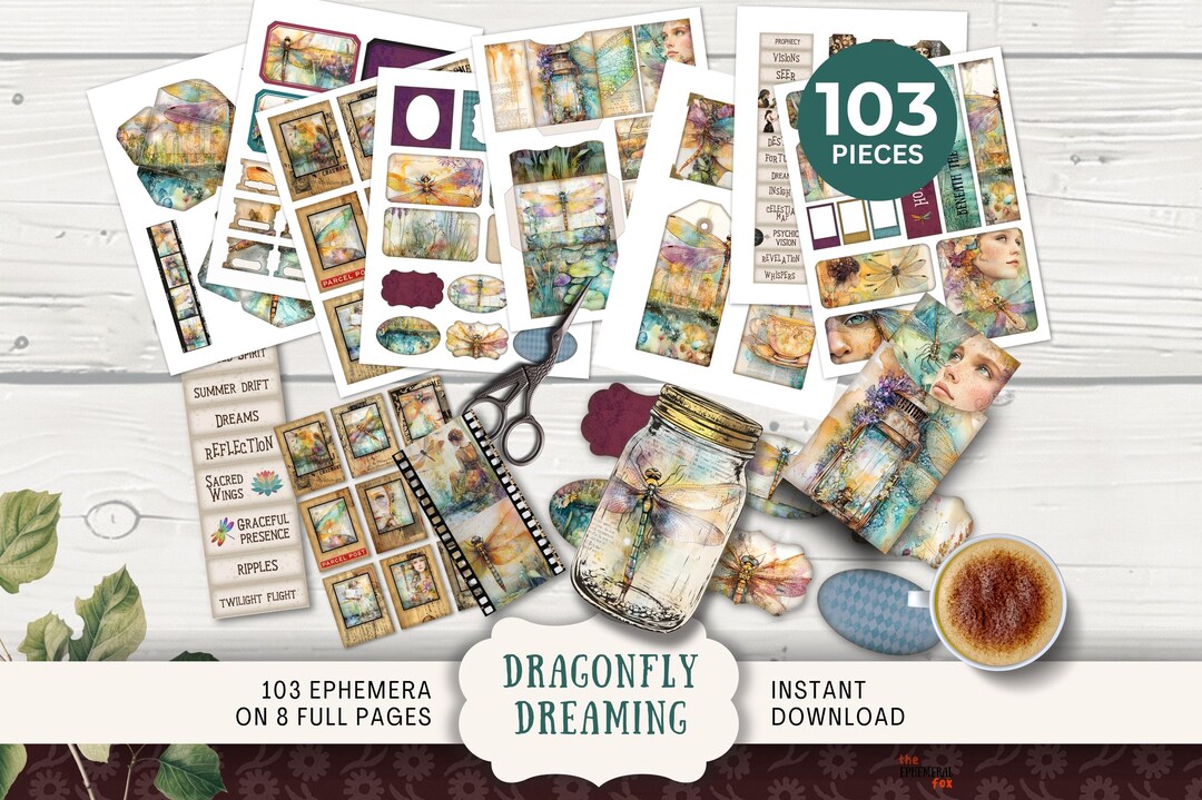 Dragonfly Dreaming Junk Journal Ephemera Kit- Tags Tickets Envelopes ...