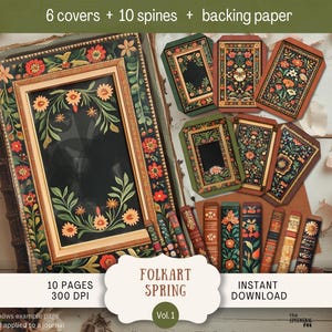 Kit de cubierta: Folkart Spring Junk Journal Covers & Spines US letter 300 DPI Book Cover Printable Topper Rustic Country Floral Flowers Red FLSP