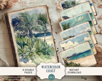 Puede incluir: Seis páginas imprimibles de doble cara con ilustraciones de acuarela de una escena de playa tropical con palmeras y olas del océano. Las páginas están diseñadas para su uso en diarios y otras manualidades de papel. El texto "Watercolor Coast Vol. 1" está impreso en la parte inferior de la imagen.
