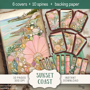 以下が含まれることがあります： 海岸をテーマにした芸術的なジャーナルセット。 セットには、ジャーナルの表紙、6つのカバー、10個の背表紙、裏紙が含まれます。 ジャーナルの表紙には、ピンクの花のデザインと海岸の風景が描かれています。 テキスト「Sunset Coast」が表示されています。