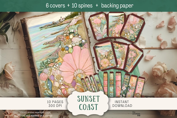 Cover Kit: Pink Coastal Junk Journal Covers & Spines Digital Book Topper Printable Leather spine ocean beach summer pastel patchwork PKCL