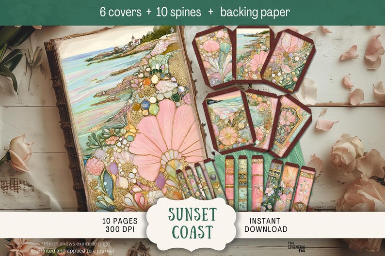 The image is a package containing a set of stickers and a book with a floral design. The stickers feature various colorful floral patterns, and the book appears to be a journal or notebook with a similar design. The package includes a total of 10 pages, 300 DPI images, and backing paper. The package is designed to be used as a journal or notebook, with the stickers and the book featuring a floral design.