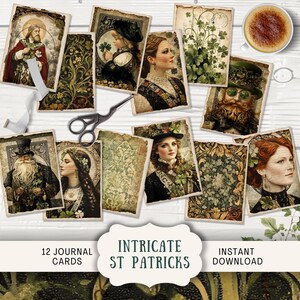 St Patricks Junk Journal cartes 12 cartes postales numériques ATC éphémères imprimables, trèfle irlandais vintage trèfle femme chanceux trèfle femme SPIP