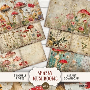 Pages de journal indésirable shabby chic champignons des champs, 6 pages de scrapbooking numérique, 11 x 8,5 po. imprimable Journal éphémère, papier pour journal artistique champignon vénéneux