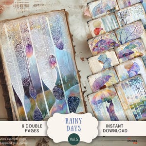 Rainy Day Junk Journal Pages 6 Digital Scrapbook Papers Printable whimsical vintage gumboots rain sky, umbrella shabby chic pastel  PARD5