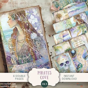 Pagine del diario di Treasure Island Junk 6, carta per scrapbooking digitale stampabile, pirati, oceano, mare, vela, spiaggia, stravagante, acquerello, pastello PICV4