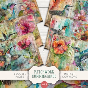 May include: Six digital collage sheets featuring hummingbirds and hibiscus flowers in a patchwork style. The images are in a vintage style with a distressed background.