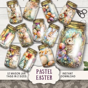 Rainbow Pastel Easter Mason Jar Tags Junk Journal Printable Digital Bottle Ephemera Jars 2 sizes, Shabby Chic Scrapbook, eggs bunny RPES