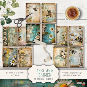 Cartes de journal abeille et marguerite, 12 cartes de journal numérique indésirable, journal imprimable éphémère, fleurs vintage artisanales en papier, fleurs victoriennes, bleu