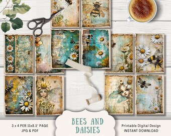 Bee & Daisy Journal Cards,  12 Digital Junk Journal Cards, Printable Journal Ephemera, Paper Craft vintage florals, victorian flowers, blue