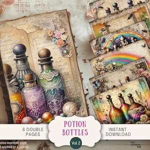 Pagine di diario spazzatura con bottiglie di pozioni di Halloween, 6 fogli di carta per album digitali, 11 x 8,5 pollici, fiale magiche di erboristeria e medicina stravagante HWPB2