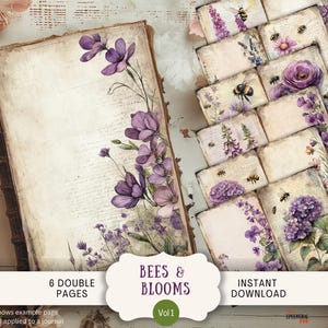 Peut inclure: Un journal de style vintage et plusieurs cartes décoratives avec des illustrations florales et d'abeilles. Le journal est orné de fleurs violettes. Les cartes présentent divers motifs floraux et des abeilles. Le texte de l'image indique "BEES & BLOOMS" et "6 DOUBLE PAGES".