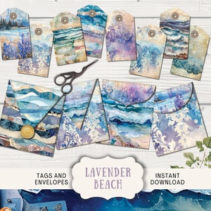 Étiquettes et enveloppes éphémères de journal indésirable de plage de lavande, 4 enveloppes imprimables d'artisanat en papier numérique de journal indésirable, 8 étiquettes fleurs côtières