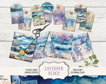 Lavender Beach Junk Journal Ephemera Tags and Envelopes, 4 Digital Junk Journal Printable Paper Craft envelopes, 8 tags coastal flowers