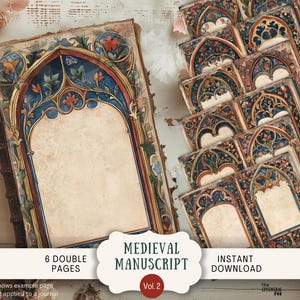 Medieval Junk Journal Pages, Vintage Gothic Printable, US Letter Size Digital Download, Illuminated Manuscript Antique Frame Paper GOGA2