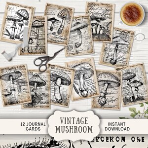 Cartes de journal vintage Champignons, 12 cartes de journal numérique indésirable, Journal imprimable éphémère, créations en papier, tampons de champignon victorien