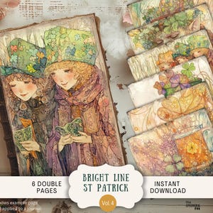Páginas de diario basura del día de San Patricio con dibujos de líneas, 6 papeles de álbum de recortes digitales de 11 x 8,5 pulgadas, arte imprimible, trébol caprichoso, estilo bohemio, acuarela SPLI