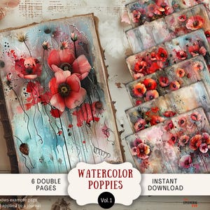 Dunkelrote Mohnblumen Junk Journal Seiten, 6 digitale Scrapbook Seiten, 11 x 8,5 "bedruckbares Papier, rote und schwarze Blumen, Kalifornischer Mohn