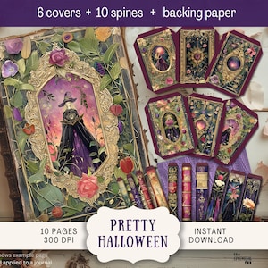 May include: A digital art set featuring a decorative journal with a witch illustration, six covers, ten spines, and backing paper. The journal is adorned with floral and gold accents. The words "Pretty Halloween" and "Instant Download" are visible.