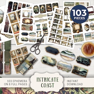 Puede incluir: Un conjunto de 103 imágenes de efímeras digitales imprimibles con un tema náutico. Las imágenes incluyen varias formas, tamaños y diseños, incluyendo etiquetas, marcos y elementos decorativos. Las imágenes son perfectas para scrapbooking, creación de tarjetas y otros proyectos de manualidades.