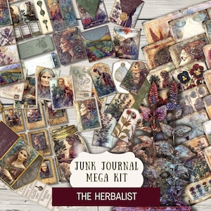May include: A selection of vintage-style ephemera for junk journaling, featuring botanical illustrations, portraits, and landscape scenes. The kit includes tags, cards, and envelopes with a distressed, aged aesthetic. Text on the image reads "Junk Journal Mega Kit" and "The Herbalist."