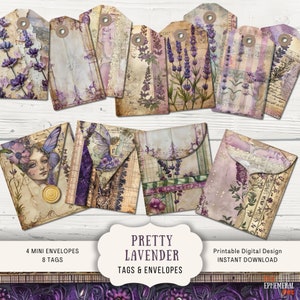 Lavender Junk Journal Ephemera Tags and Envelopes, 4 Digital Junk Journal Printable Paper Craft envelopes & 8 tags, purple flowers, florals