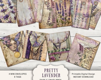 May include: Eight printable tags and four printable mini envelopes with a lavender theme. The tags and envelopes feature a vintage aesthetic with floral patterns, butterflies, and a faded, distressed look. The text "Pretty Lavender Tags & Envelopes" is printed on the image.