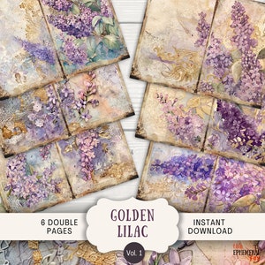 Páginas de diario basura en lila, morado y dorado, 6 páginas de álbum de recortes digitales, diario efímero imprimible de 11 x 8,5 pulgadas, flores moradas de primavera vintage