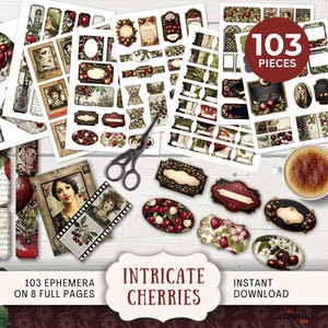 May include: A digital download of 103 vintage-style images featuring cherries, flowers, and other botanical elements. The images are perfect for scrapbooking, card making, and other crafting projects. The text on the image reads "103 Pieces" and "Intricate Cherries".