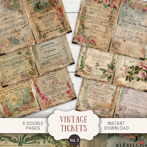 La Perle Französisches Frühlingsticket Junk Journal Seiten, 6 digitales Scrapbook Seiten, 11 x 8,5 "Kunst druckbares Journal Ephemera, Vintage Blumenführer