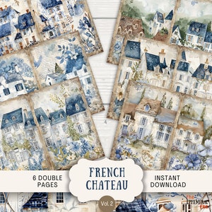 Franse Chateau Junk-dagboekpagina's, 6 digitale plakboekpagina's, 11 x 8,5" afdrukbaar dagboek, Ephemera, Art Journal, chinoiserie blauwe stad Parijs