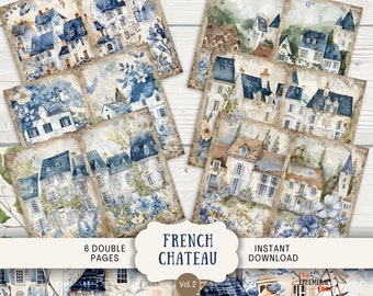 French Chateau Junk Journal Pages, 6 Digital Scrapbook Pages, 11 x 8.5" Printable Journal Ephemera, Art Journal, Chinoiserie Blue Paris town