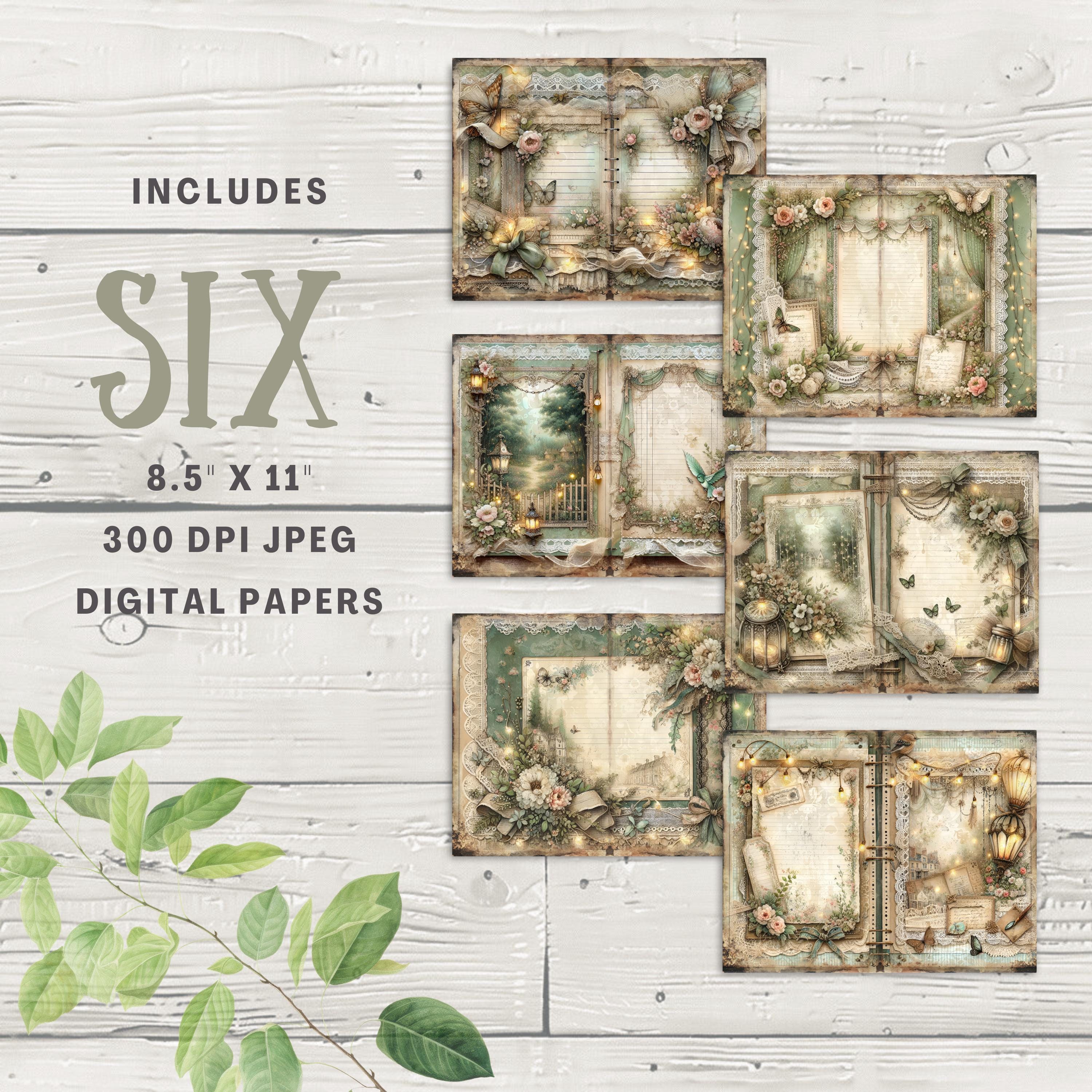 Lined Sage Green Junk Journal Pages 6 Digital Scrapbook Paper 11 X 8.5 ...