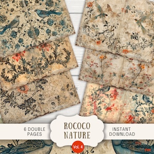Rococo Nature Junk Journal Pages, 6 digitale plakboekpagina's, 11 x 8,5" Art Printable Journal Ephemera, quorky vogels, wijnstokken en bloemen