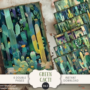 Groene cactus ongewenste dagboekpagina's, 6 digitale plakboekpagina's 11 x 8,5" kunst afdrukbaar dagboek, cactussen en sappige woestijntuin