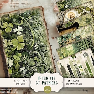 Carnet de brouhaha complexe de la Saint-Patrick 6 pages sur papier de scrapbooking numérique 11 x 8,5 po. Imprimable trèfle Leprechaun Irish Celtic Green Beer SPIP