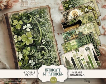 Intricate St Patricks Day Junk Journal Pages 6 Digital Scrapbook Paper 11 x 8.5" Printable Clover Leprechaun Irish Celtic Green Beer SPIP