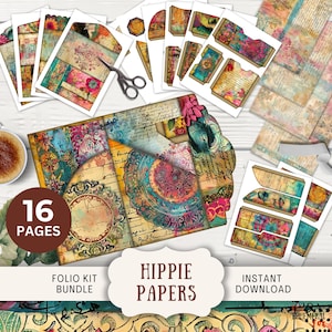 Diario basura Hippie Batik, 16 páginas y bolsillos para combinar y mezclar digitalmente, 11 x 8,5", imprimibles digitales, tríptico retro con mucho estilo de los años 60