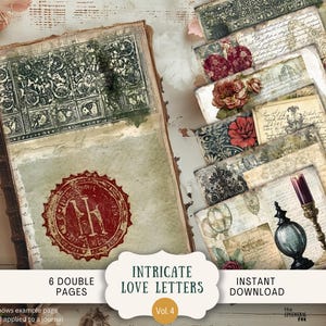 Intrincadas cartas de amor Junk Journal Pages 6 papéis de scrapbook digital 11 x 8,5" Arte para impressão Vintage Victorian Whimsical Writing Hearts VILP