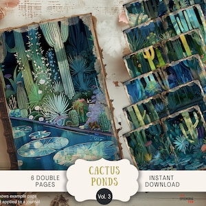 Páginas de diario basura de Cactus Pond, 6 páginas de álbum de recortes digitales de 11 x 8,5 pulgadas, diario imprimible con arte, efímeras, cactus y jardines suculentos, vintage